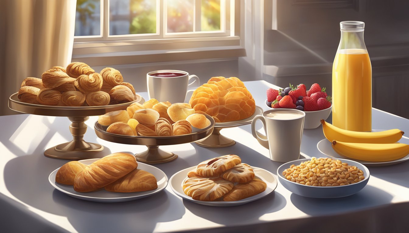 A table set with a variety of pastries, fruits, cereals, and beverages, with sunlight streaming in through a window