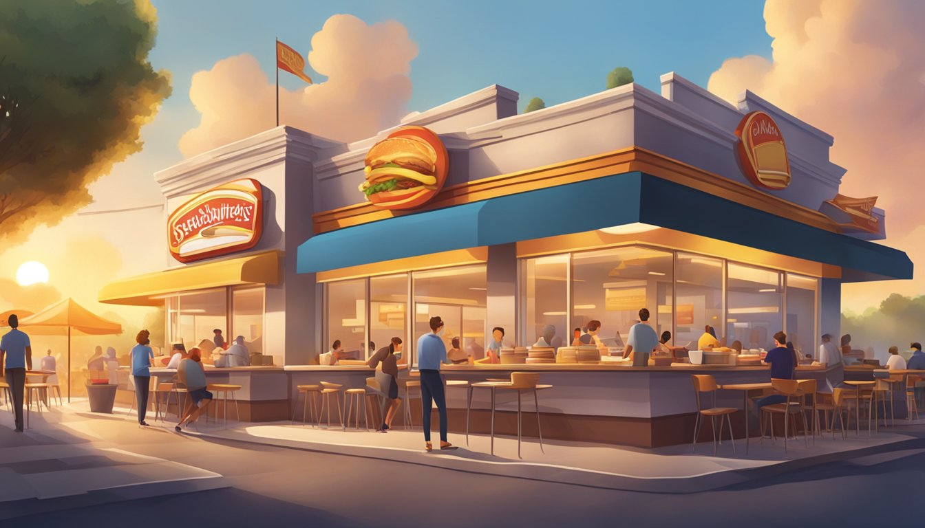 A bustling fast-food restaurant at sunrise, with steam rising from sizzling breakfast sandwiches and customers smiling as they savor their morning meal