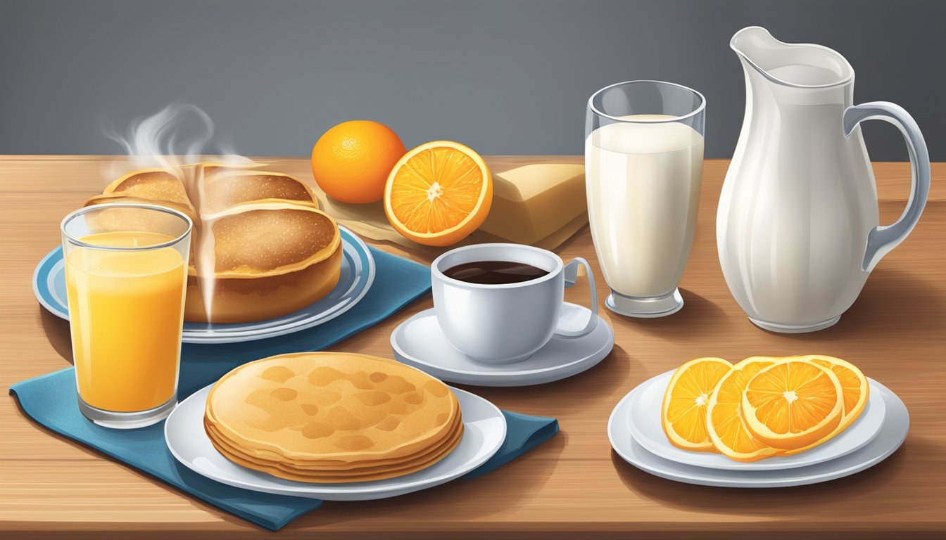 A table set with a steaming cup of coffee, a glass of orange juice, and a pitcher of milk, alongside a plate of assorted breakfast foods