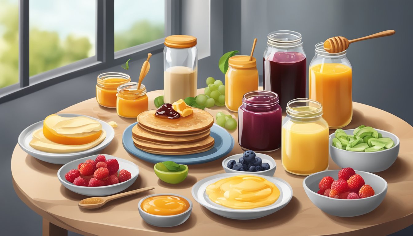 A breakfast table with a variety of dressings and toppings including honey, jam, peanut butter, and fresh fruit