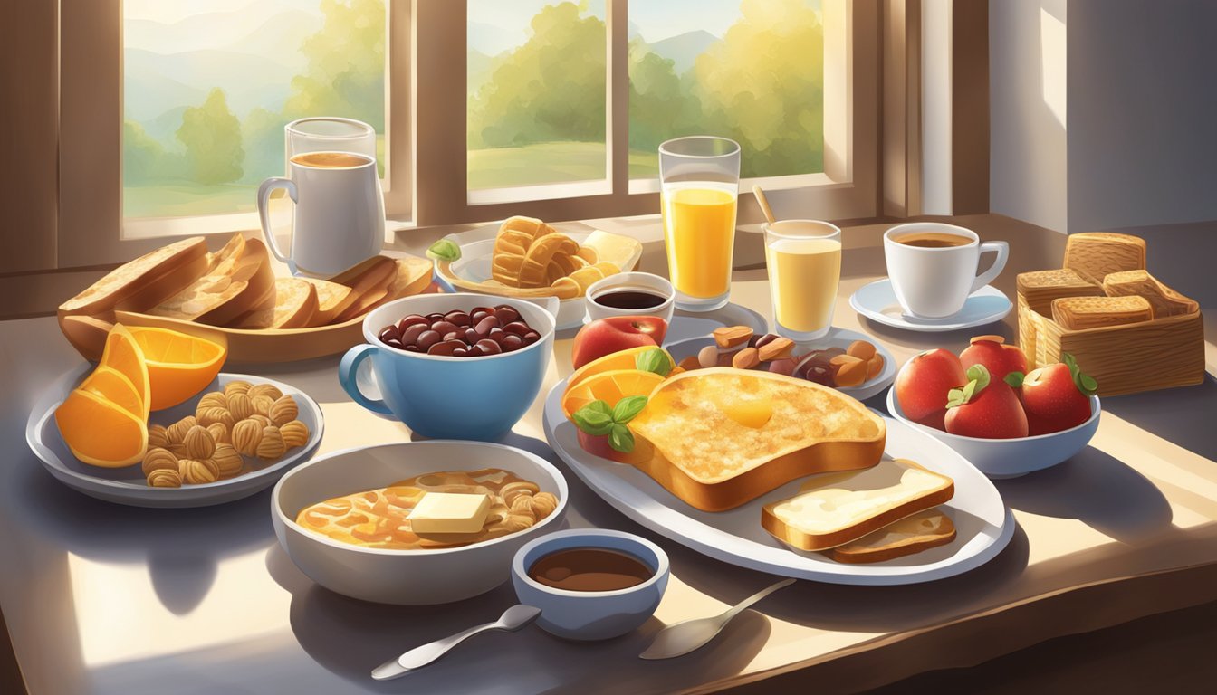 A table set with a variety of breakfast foods, including fruit, cereal, toast, and coffee. Sunlight streams through a window onto the spread