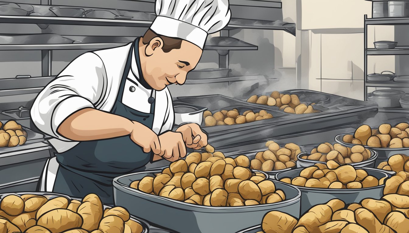 A chef selecting different types of potatoes for breakfast hash