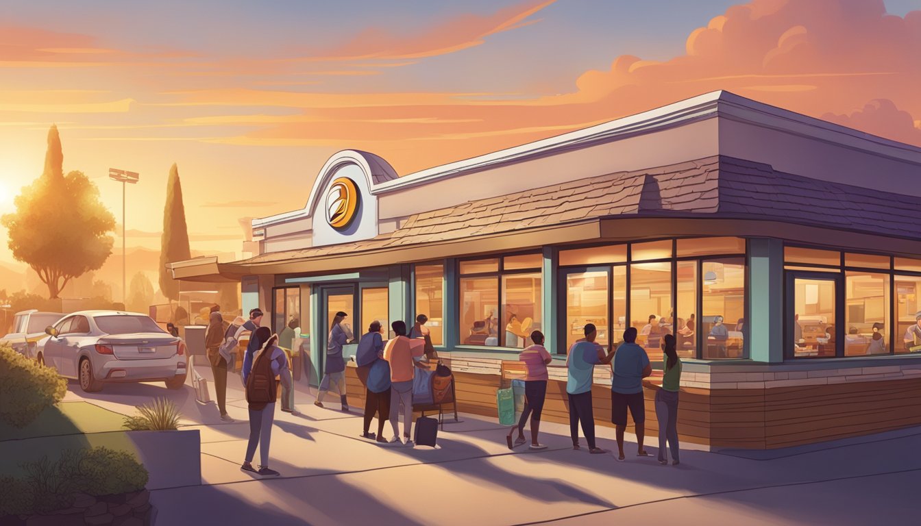 A bustling Taco Bell restaurant at sunrise, with a line of customers eagerly ordering breakfast items from the menu. A sense of anticipation and excitement fills the air