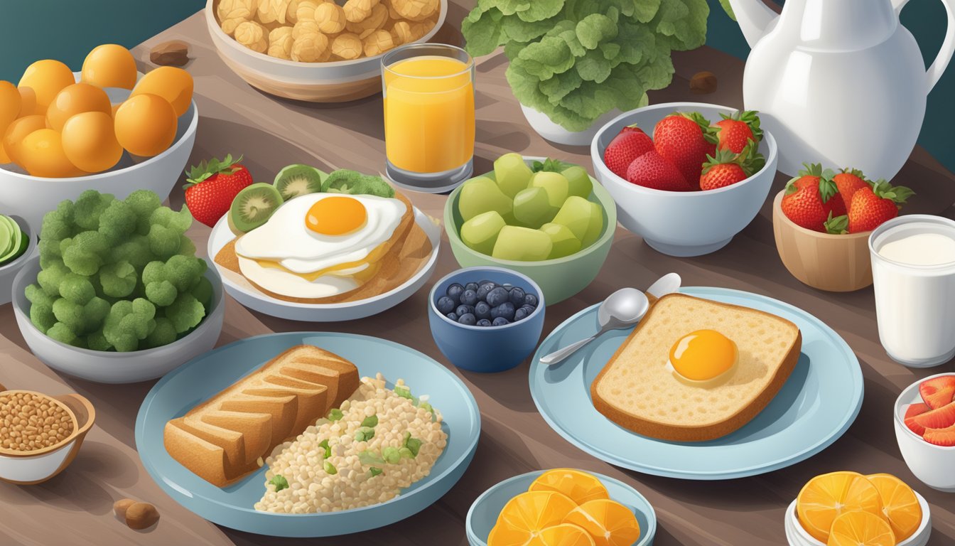 A breakfast table with a variety of food options, including fruits, vegetables, grains, and dairy-free alternatives