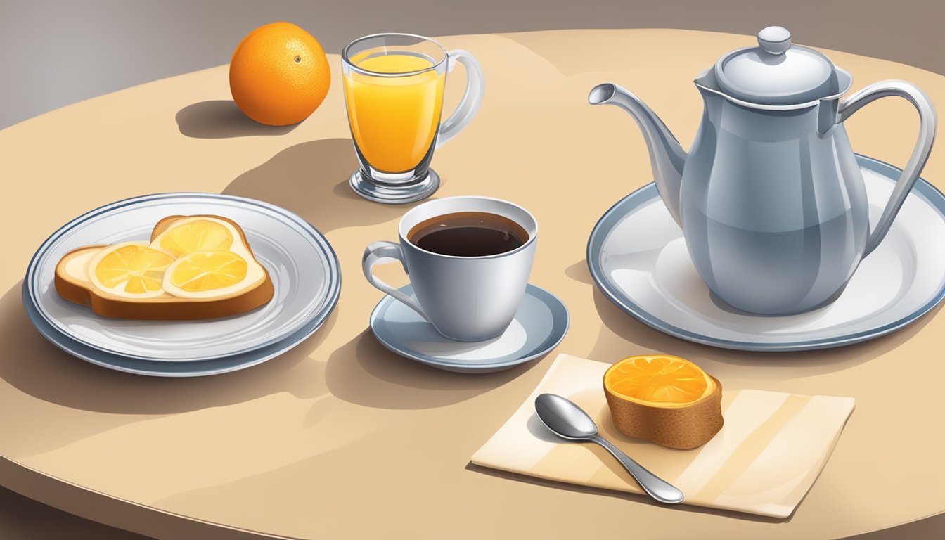 A table set with a steaming cup of coffee, a glass of orange juice, and a pitcher of milk, alongside a plate of toast and a bowl of fruit