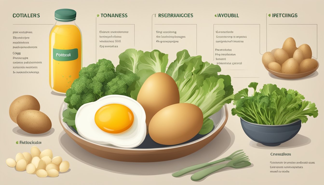 A table with ingredients: potatoes, eggs, vegetables, and a bowl with nutritional information