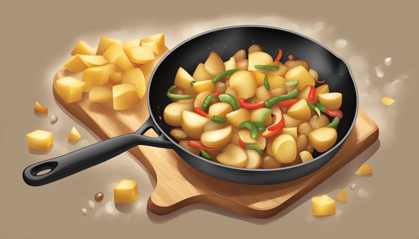 A skillet sizzling with diced potatoes, onions, and peppers, as a spatula flips them to a golden brown perfection