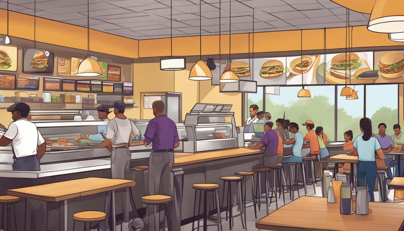 A bustling Taco Bell breakfast scene with customers enjoying their meals at various tables, while employees work behind the counter to fulfill orders