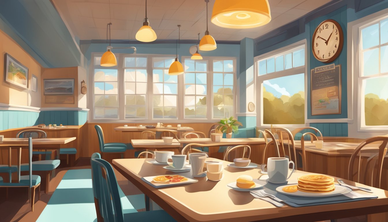 A cozy diner with sunlight streaming in, tables set with steaming plates of eggs, bacon, and pancakes. A clock on the wall reads 3:00 PM