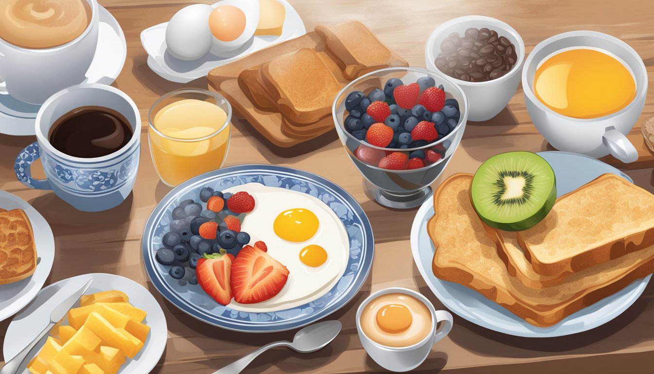 A table set with a variety of breakfast foods, including fruits, cereal, eggs, and toast. A pot of coffee steams in the background