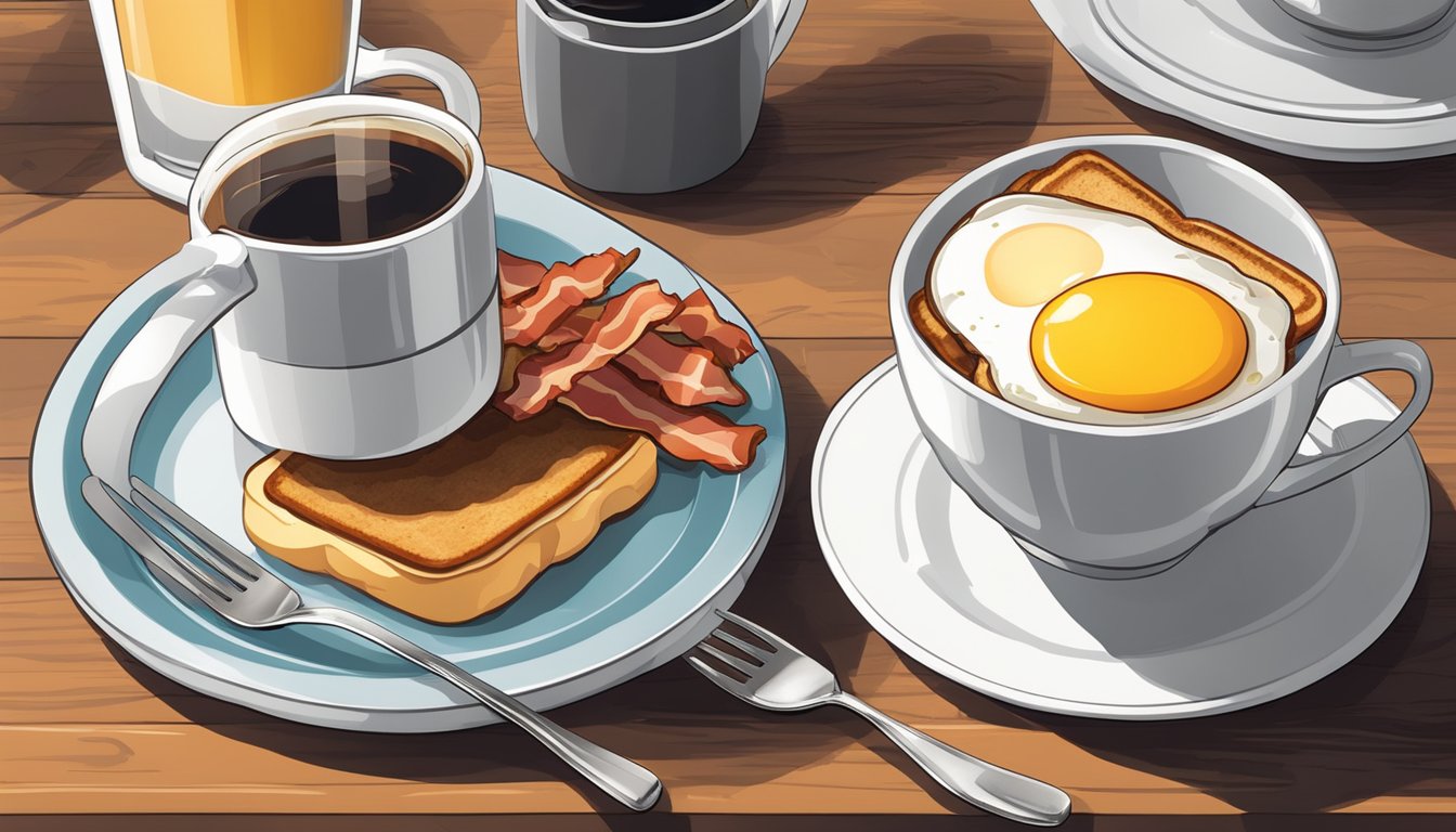 A table set with a plate of sunny-side-up eggs, crispy bacon, buttered toast, and a steaming cup of coffee