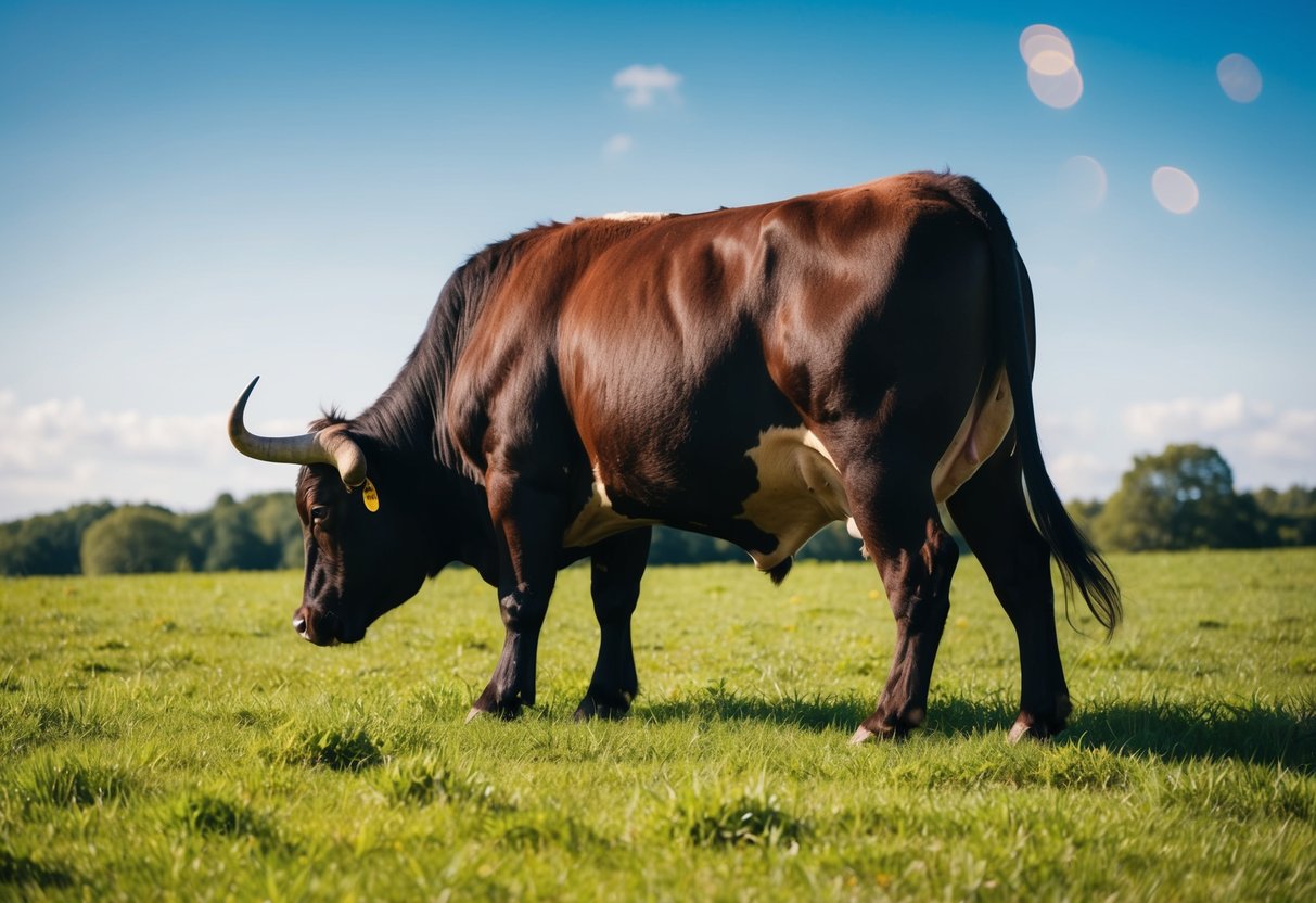 Um sonho com carne bovina simboliza força e resiliência. Ilustre um touro pastando em um pasto verdejante sob um céu azul claro.