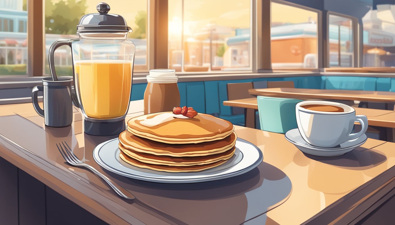 A sunny diner counter with a plate of pancakes, eggs, bacon, and a cup of coffee. A clock on the wall shows it's midday