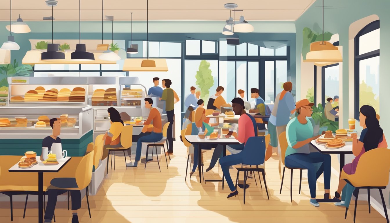 A bustling breakfast chain with customers enjoying a variety of breakfast items at any time of day, from pancakes to omelets and coffee