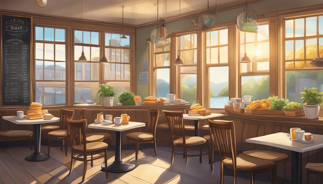 A cozy cafe with a chalkboard menu featuring various regional and specialty breakfast items, with sunlight streaming through the windows