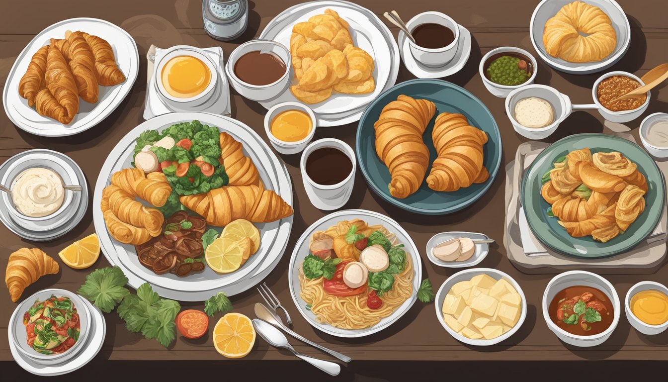 A table spread with dishes from around the world, including croissants, dim sum, chilaquiles, and more, with a sign reading "Breakfast served all day."