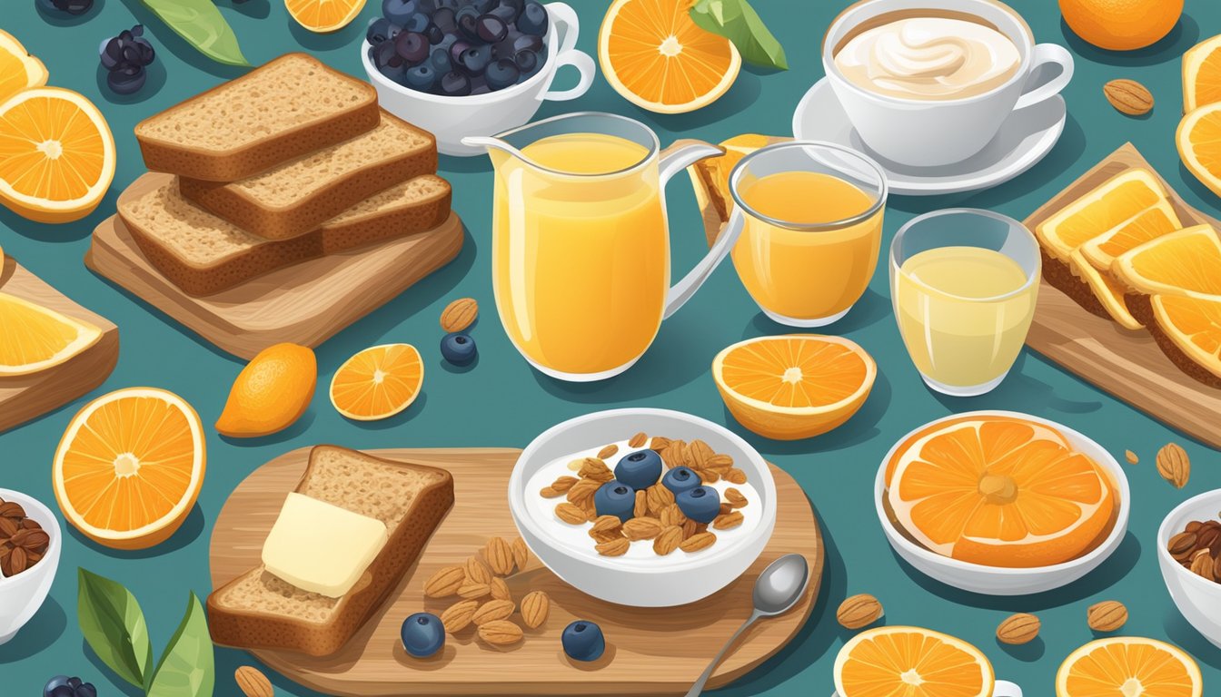 A table set with a variety of fresh fruits, whole grain toast, yogurt, and granola, with a pot of hot coffee and a pitcher of orange juice