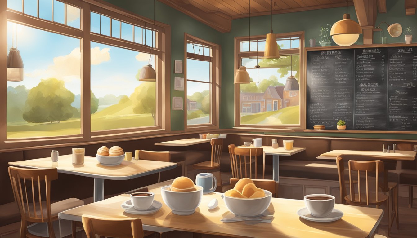 A cozy cafe with a chalkboard menu featuring sections for eggs, pancakes, and pastries, all available all day. Sunlight streams through the windows onto the tables