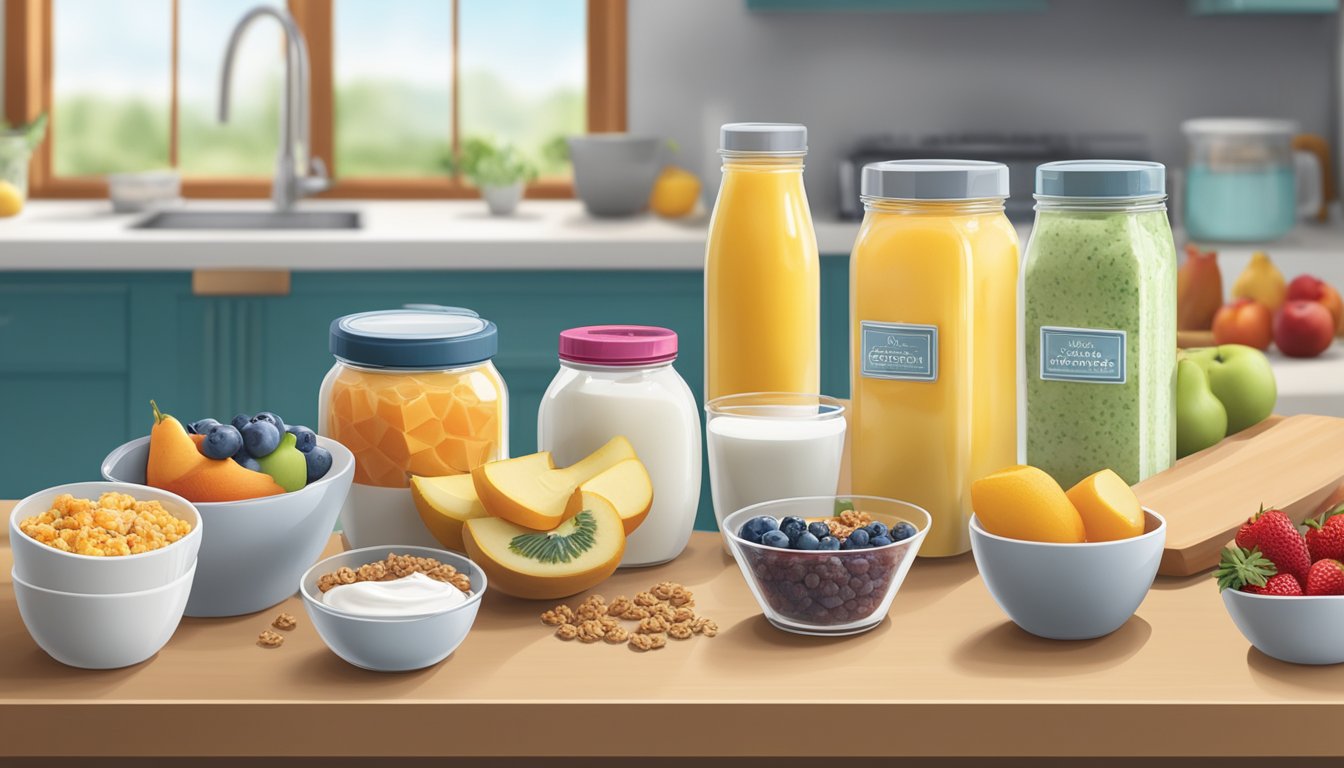 A kitchen counter with prepped ingredients and containers for a variety of breakfast options, such as fruit, yogurt, granola, and pre-made smoothie packs