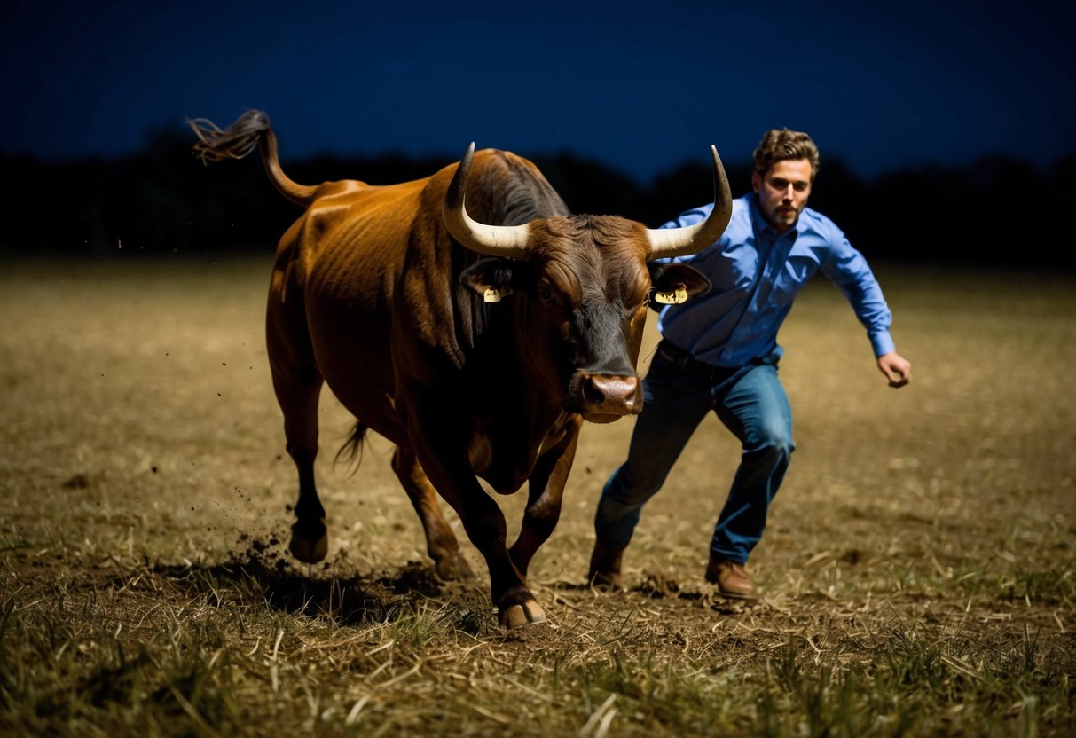 Um touro perseguindo uma pessoa por um campo à noite