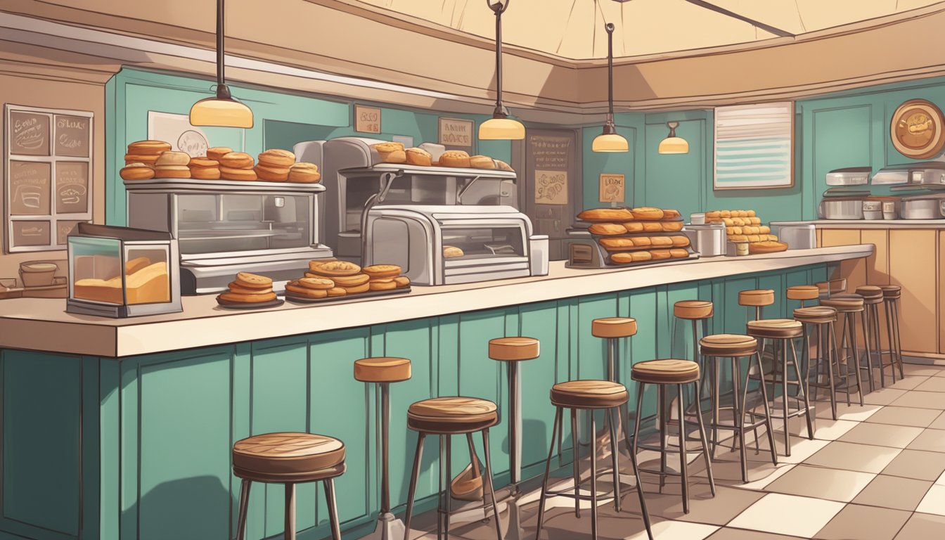 A cozy diner with a retro feel, featuring a counter lined with stools and a display of freshly baked pastries. A sign outside proudly advertises "Breakfast All Day."