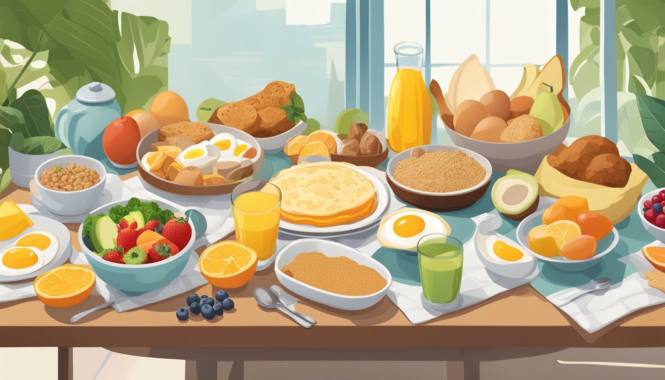 A table set with a variety of breakfast foods, including fruits, eggs, and whole grain options, surrounded by colorful posters promoting healthy eating