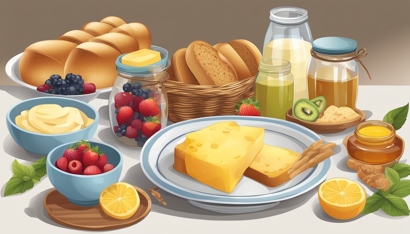 A table set with various breakfast accompaniments and add-ons: a bowl of fresh fruit, a jar of honey, a plate of butter, and a basket of assorted breads