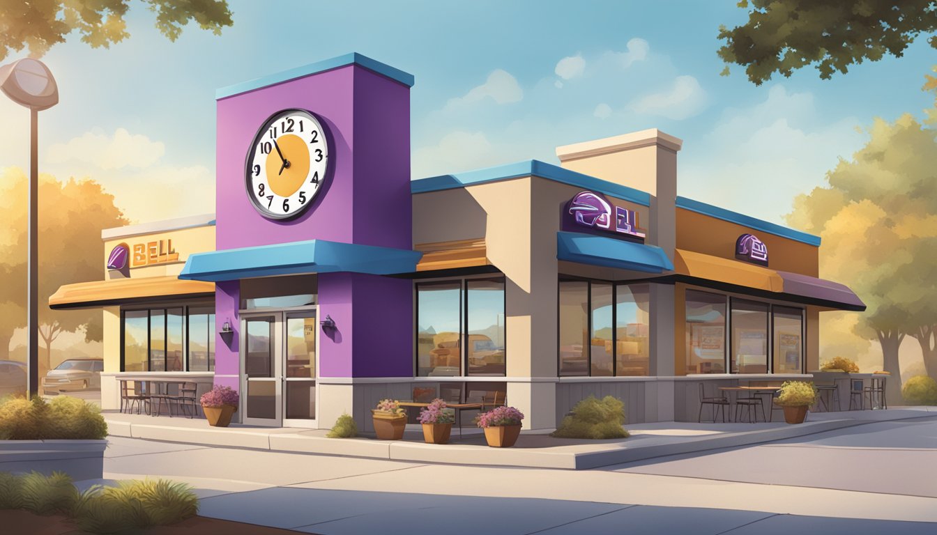 A sunny morning at Taco Bell, with the clock showing 10:30 am and the breakfast menu still on display