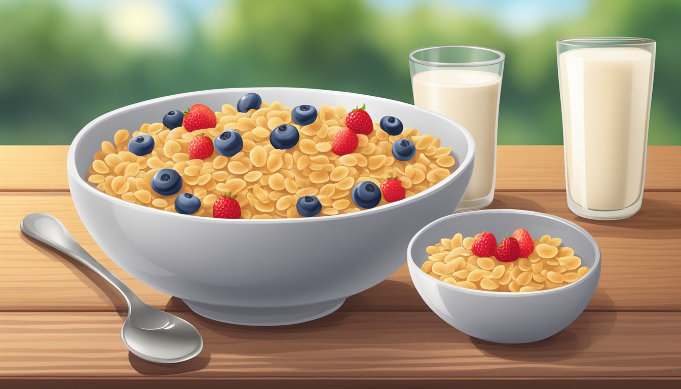 A bowl of whole grain cereal with fresh fruit topping and a glass of milk on a wooden table