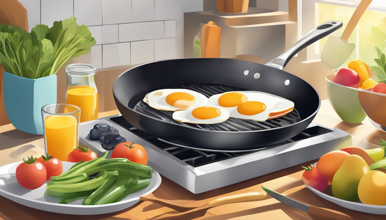 A sunny kitchen with a sizzling frying pan, a bowl of fresh eggs, and a spread of colorful fruits and vegetables on the counter