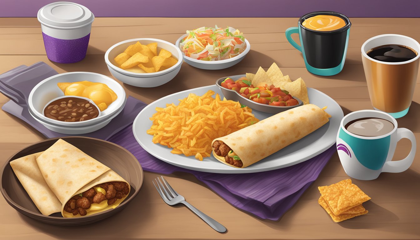 A table set with breakfast items from Taco Bell, including breakfast burritos, hash browns, and coffee