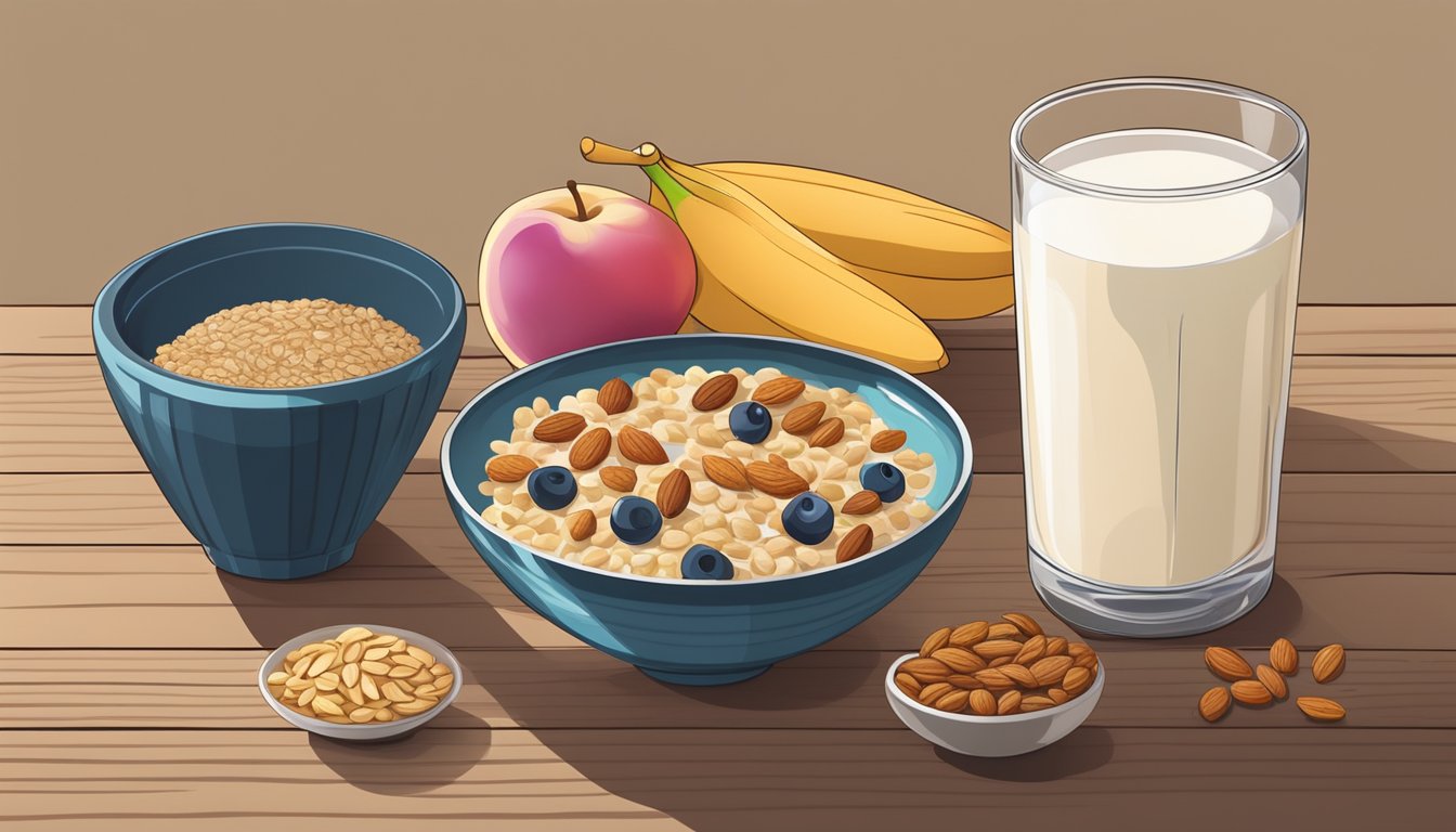 A bowl of whole grain cereal with fresh fruit and nuts, alongside a glass of almond milk, sits on a wooden table