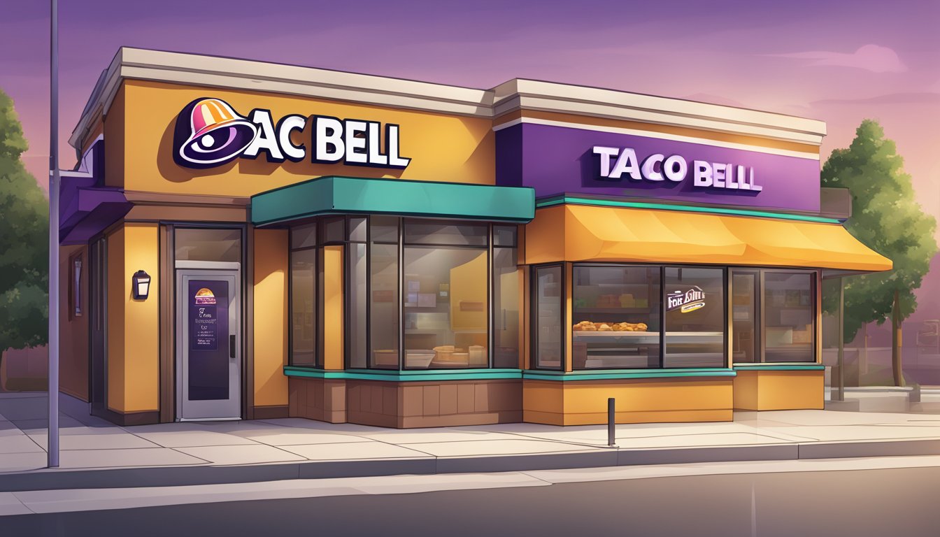 A Taco Bell storefront with a sign advertising breakfast hours and value deals