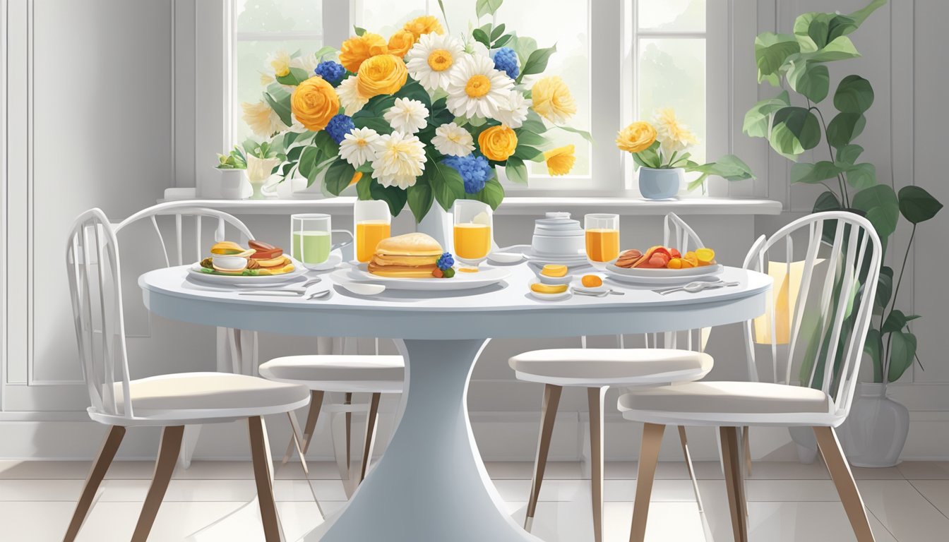 A white round breakfast table surrounded by chairs, set with plates, utensils, and a vase of flowers