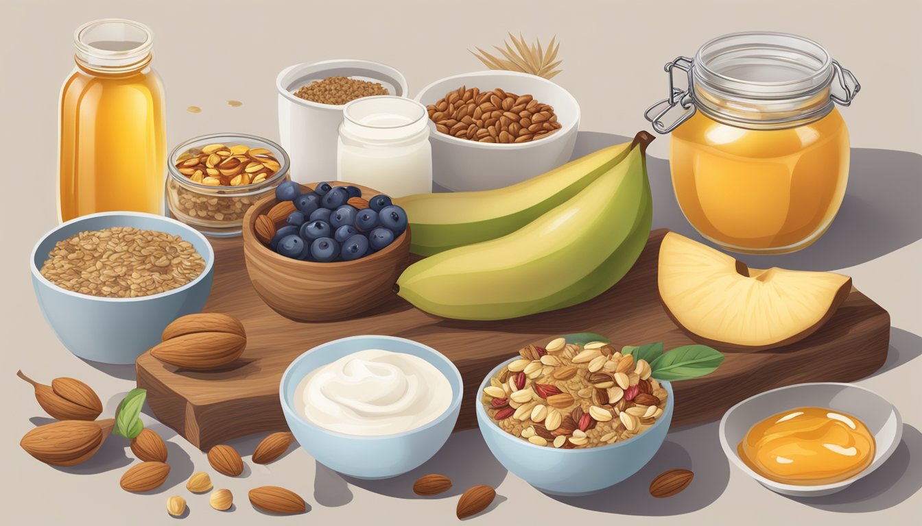 A table set with a variety of whole foods: fruits, nuts, seeds, whole grain bread, and a bowl of yogurt with honey and granola