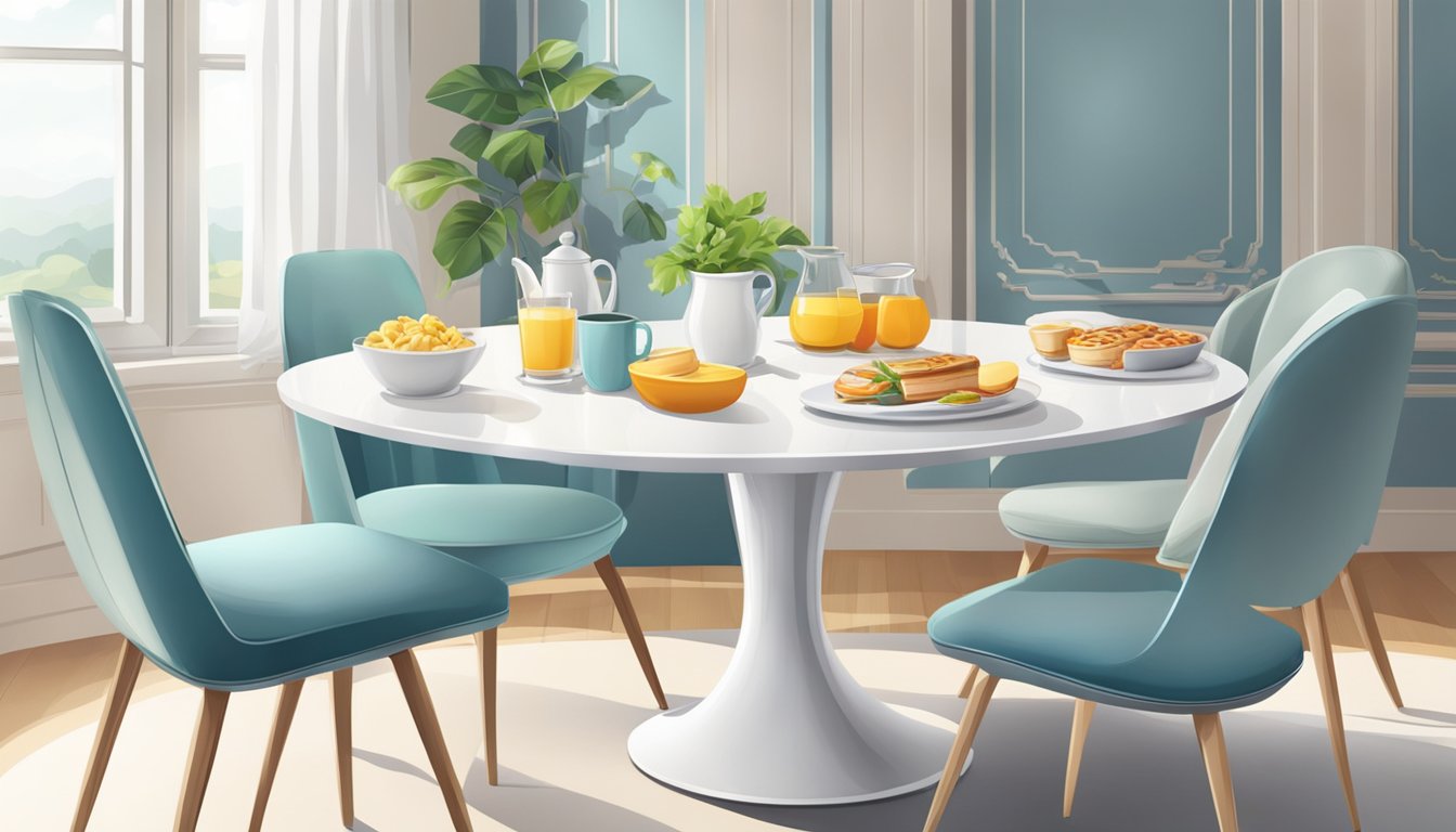 A white round breakfast table with modern design elements and features