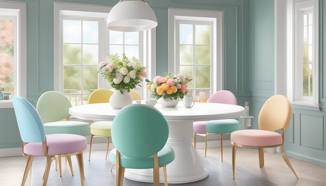 A white round breakfast table surrounded by pastel-colored chairs, with a vase of fresh flowers as a centerpiece