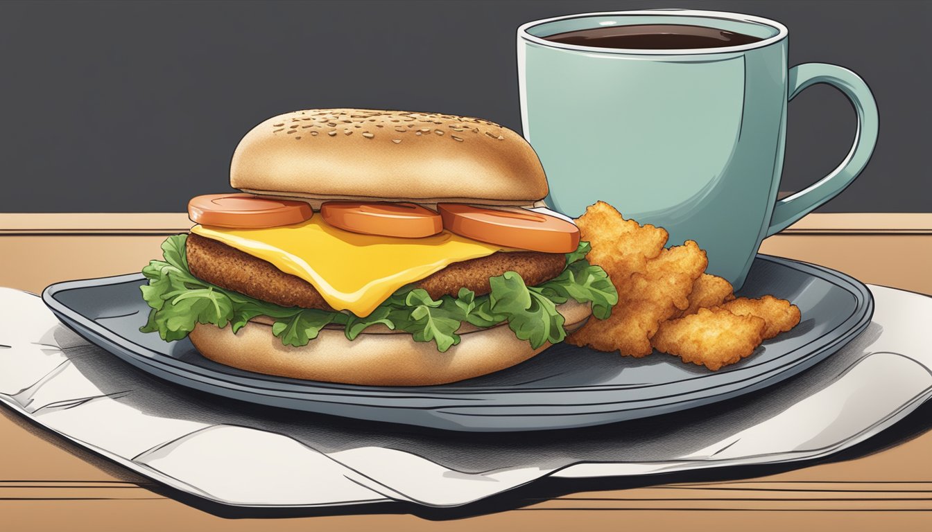 A steaming breakfast sandwich, hash browns, and a small coffee on a tray