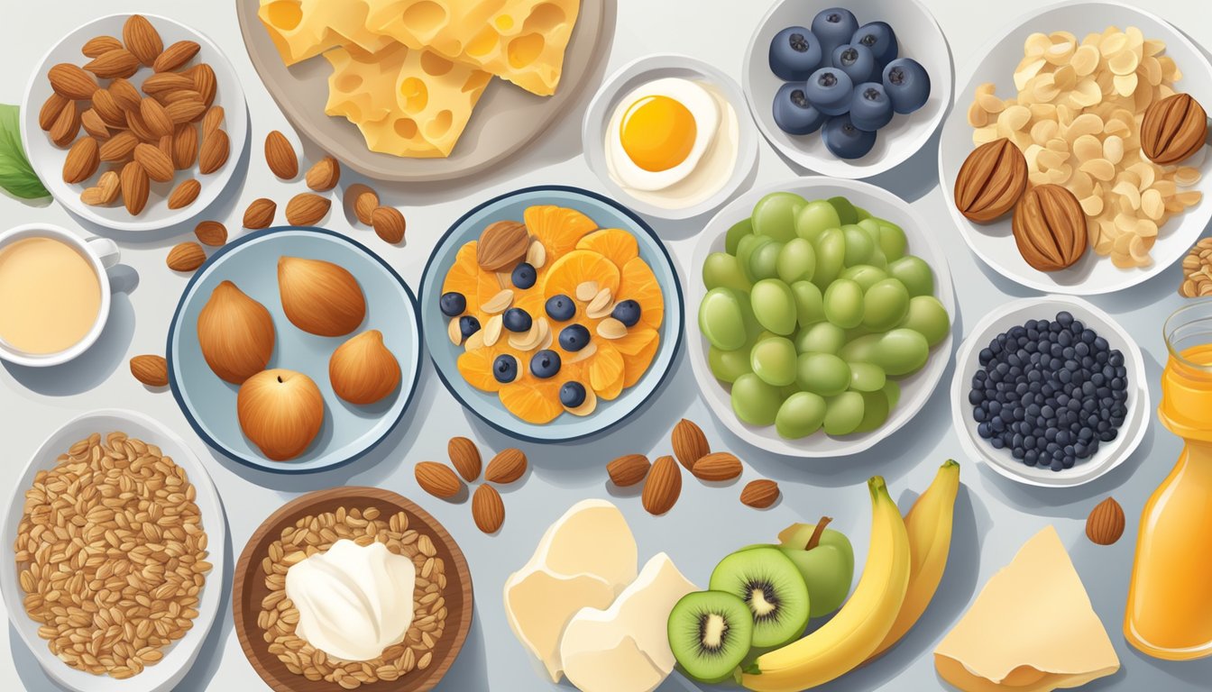 A table set with a variety of whole food breakfast items, including fruits, nuts, seeds, and grains, with a selection of dairy and non-dairy options