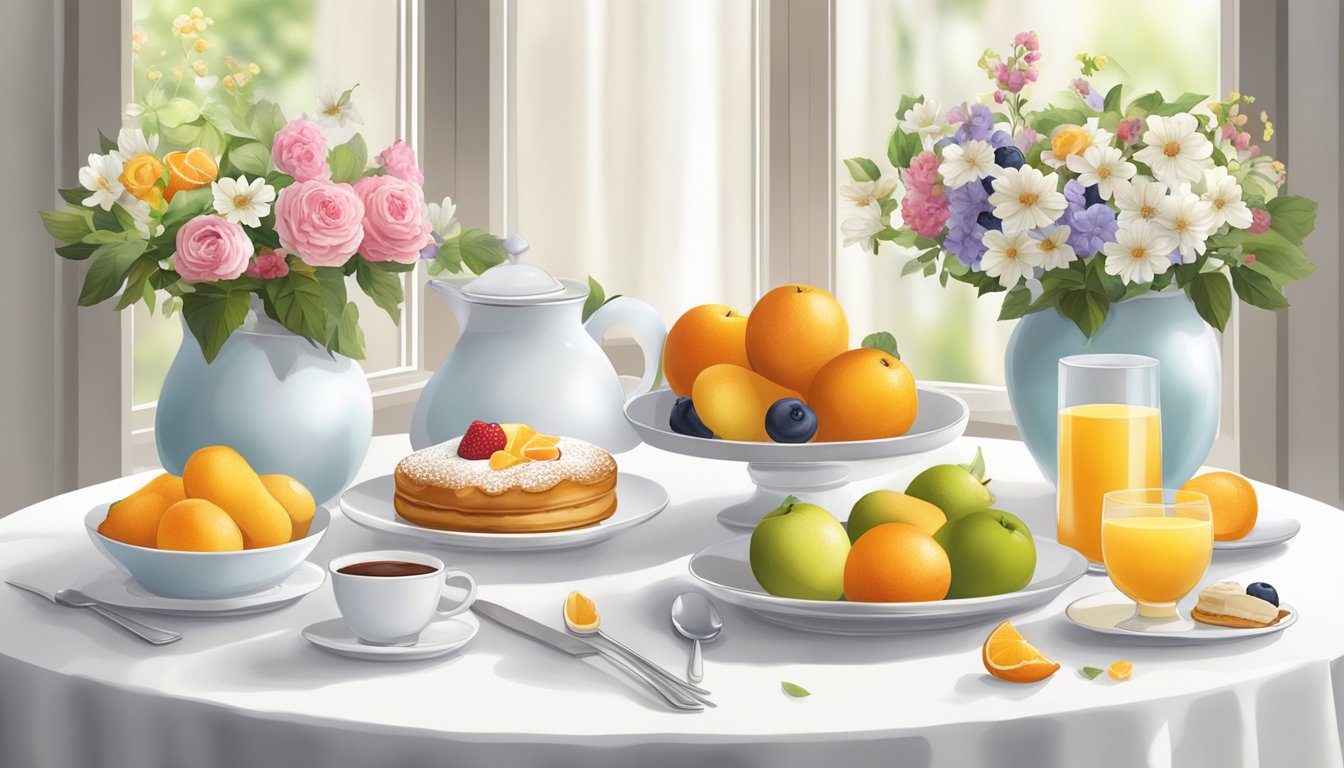 A white round breakfast table set with fresh fruit, pastries, and a vase of flowers