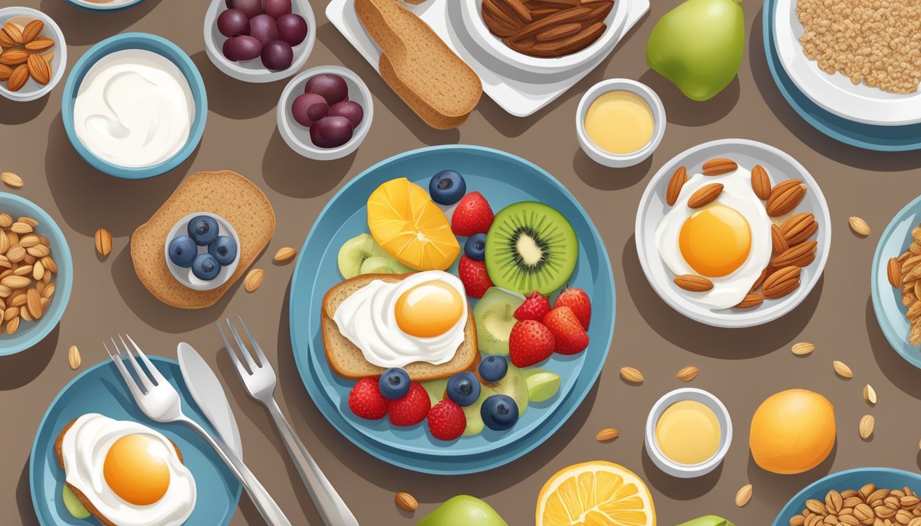 A table set with a variety of whole food breakfast options, including fresh fruit, whole grain bread, yogurt, and nuts