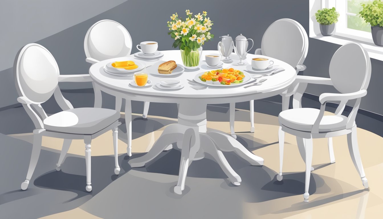 A white round breakfast table surrounded by chairs, with a vase of flowers in the center and a place setting with a napkin and utensils