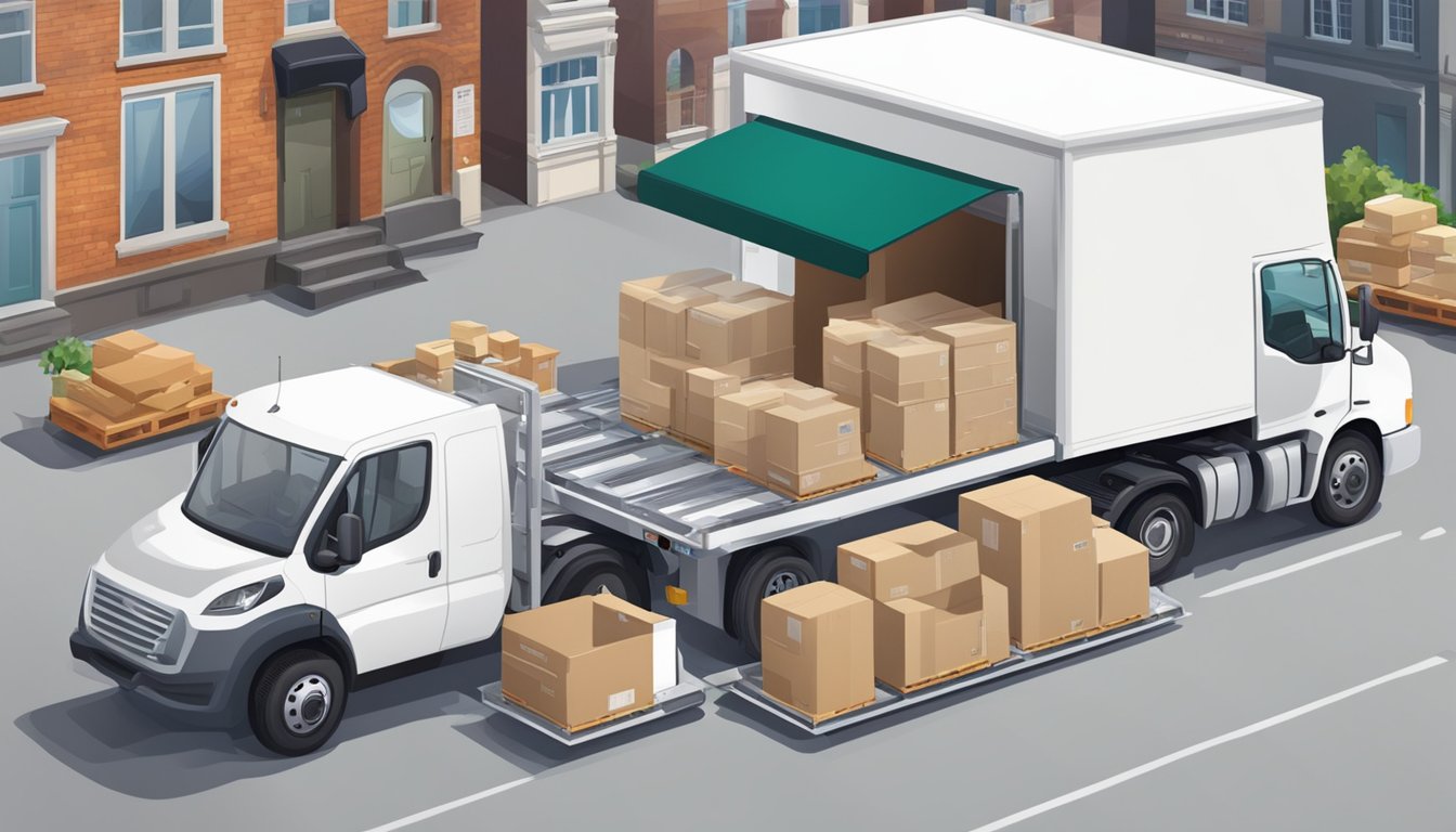 A white round breakfast table being loaded onto a delivery truck