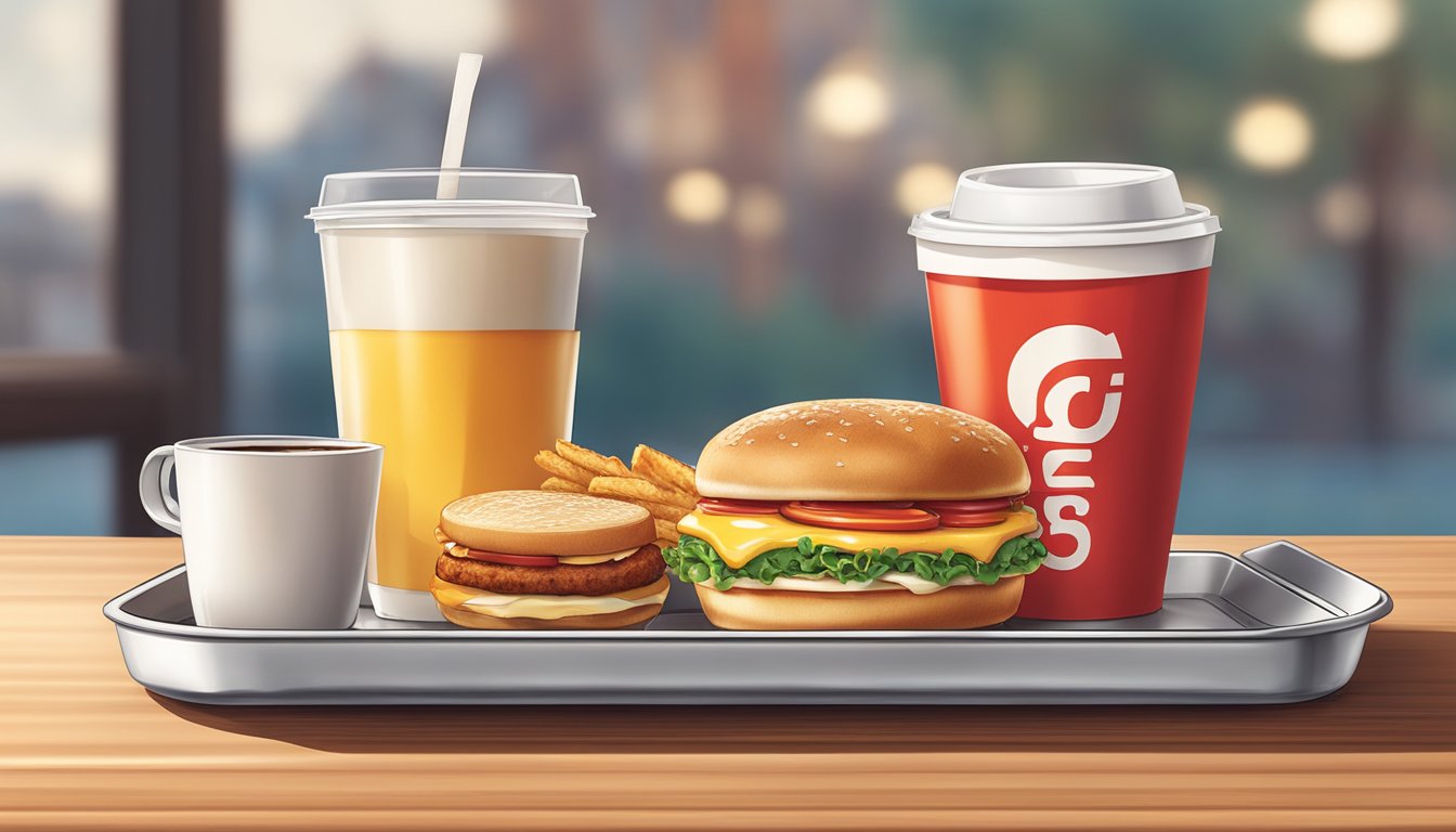 A breakfast meal with a cup of coffee and a breakfast sandwich on a tray at a Wendy's restaurant