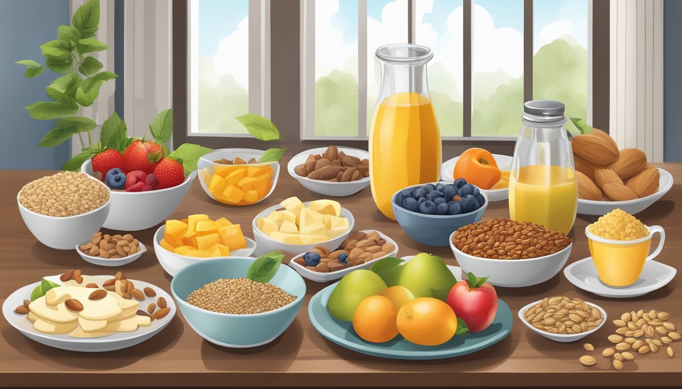 A table set with a variety of whole food breakfast items, including fruits, nuts, seeds, and gluten-free grains. Allergen-free and visually appealing