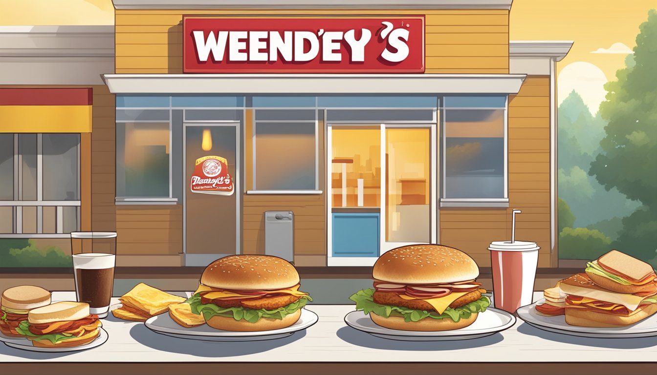 A sunny morning with a Wendy's $3 breakfast special displayed on a menu board, surrounded by delicious breakfast items like sandwiches and coffee