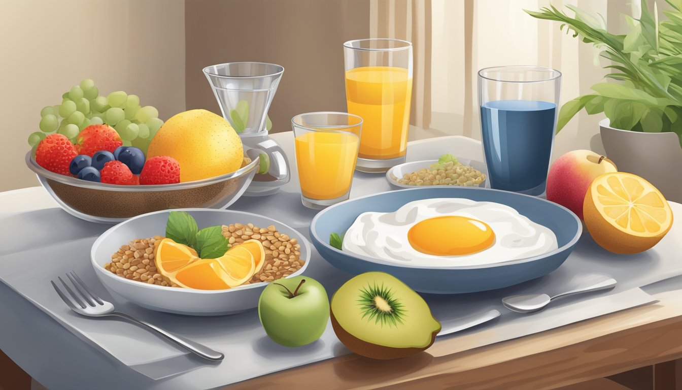 A table set with a balanced breakfast of fruits, grains, and protein, alongside a glass of water