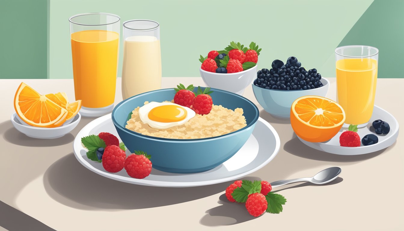 A breakfast scene with a bowl of oatmeal, a glass of orange juice, a plate of scrambled eggs, and a side of fresh berries