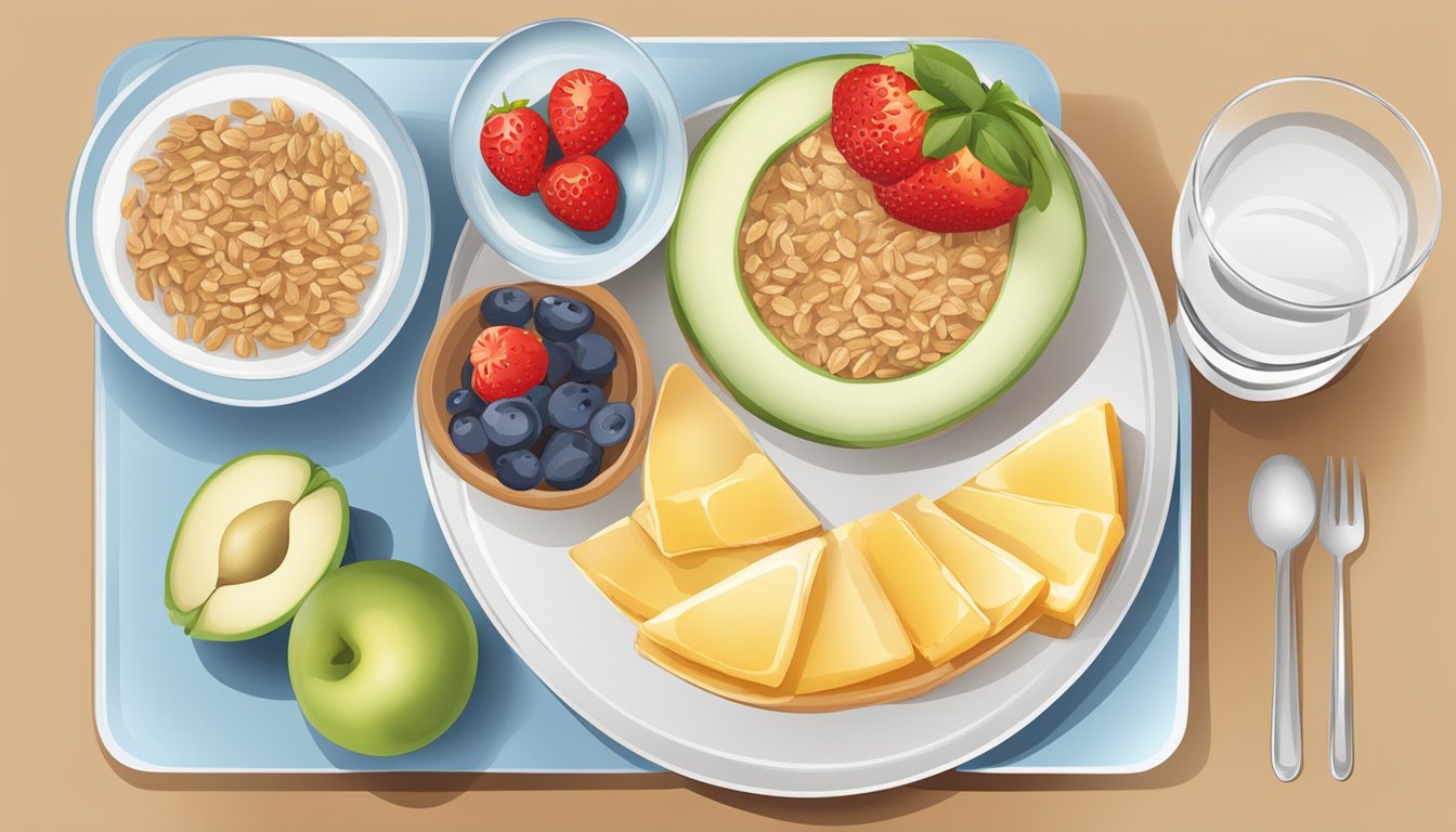 A plate with a balanced breakfast, including fruits, whole grains, and protein, placed on a table next to a glass of water