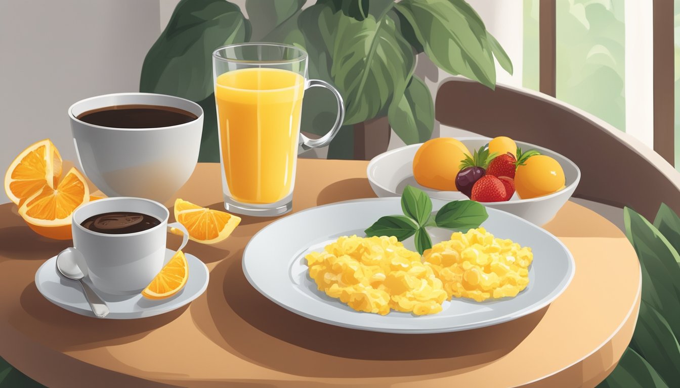 A plate of scrambled eggs with a side of fresh fruit, a glass of orange juice, and a cup of coffee on a breakfast table